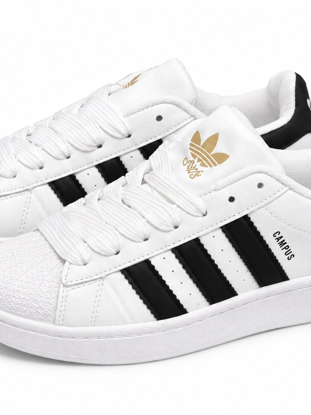 White Sneakers with Black Stripes and Gold Logo